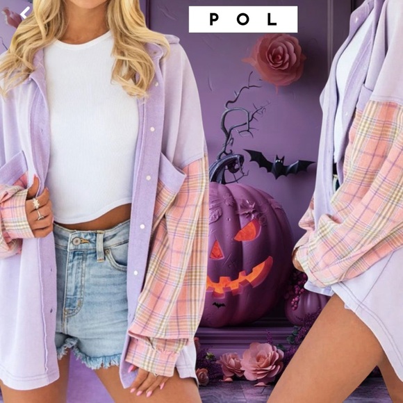 💜 POL Lavender Peach Check button up oversized jacket Flannel Size Large - Picture 1 of 8
